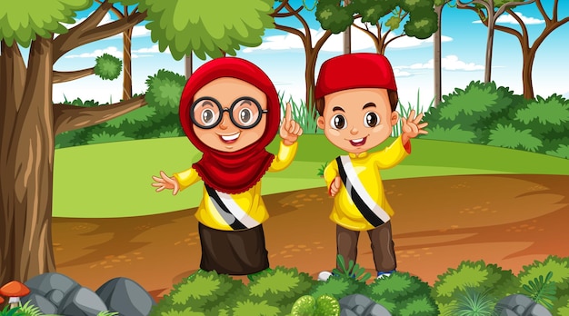 Dzieci Brunei noszą tradycyjne stroje na scenie leśnej