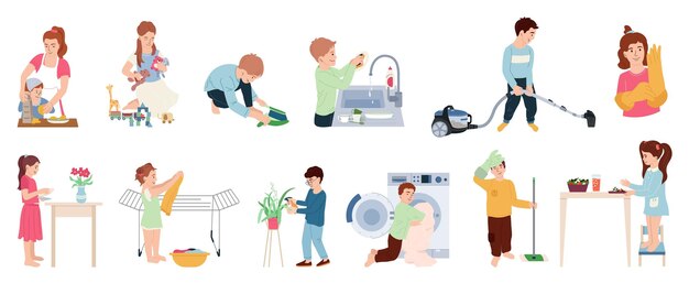 Dzieci gospodarstwa domowego pomagające płaski zestaw ikon z postaciami nastoletnich dziewcząt i chłopców wykonujących prace domowe ilustracji wektorowych
