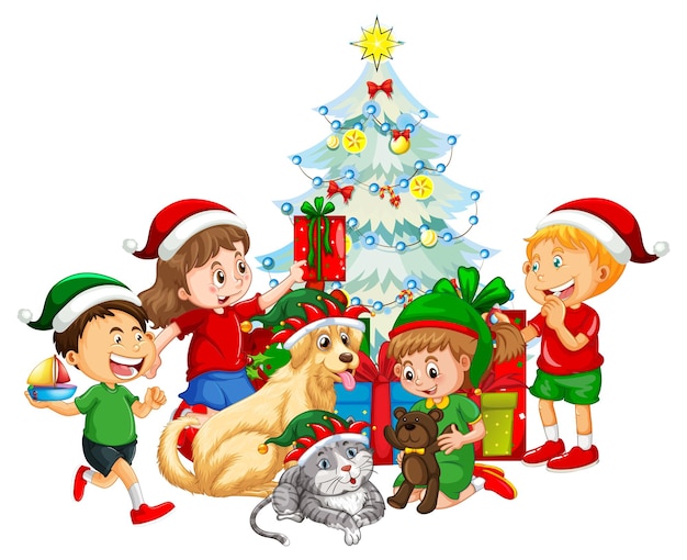 Dzieci I Psy W Motywie świątecznym