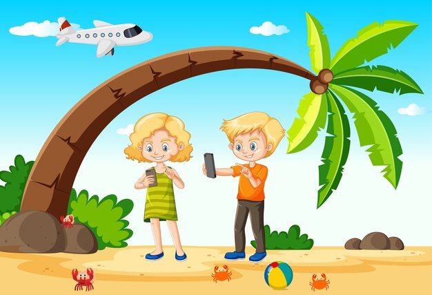 Dzieci korzystające ze smartfona podczas podróży z plażą i samolotem