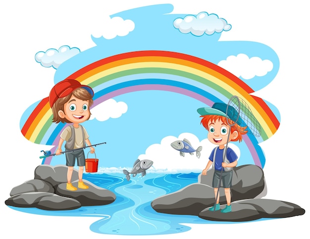 Bezpłatny wektor dzieci łowiące ryby w stawie