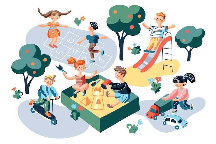 Bezpłatny plik Wektor dzieci na placu zabaw ilustracja mali chłopcy i dziewczynki na podwórku przedszkola małe postaci z kreskówek budują zamek z piasku razem dzieci bawiące się na zewnątrz