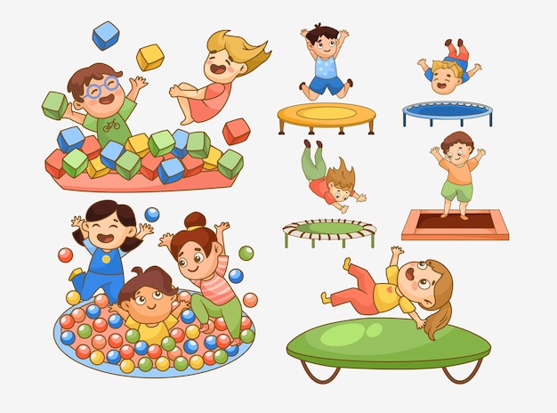 Bezpłatny wektor dzieci skaczące na trampolinie ilustracja kreskówka zestaw. chłopcy i dziewczęta bawiące się w basenie z miękkimi kostkami. dzieci bawią się razem na placu zabaw. koncepcja wypoczynku, rozrywki