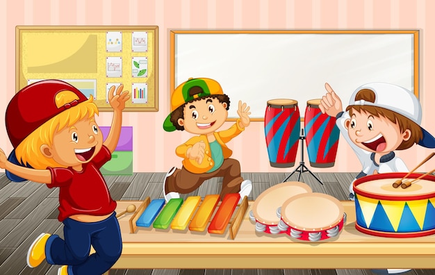 Dzieci w klasie z różnymi instrumentami muzycznymi
