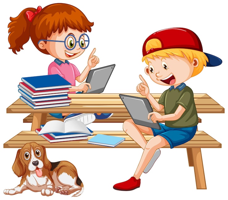 Bezpłatny plik Wektor dzieci w wieku szkolnym korzystające z tabletu w edukacji