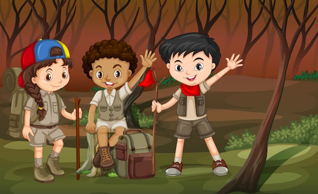 Bezpłatny wektor dzieci wędrujące po lesie