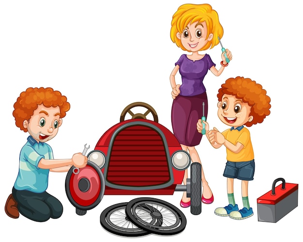Dzieci wspólnie naprawiają samochód