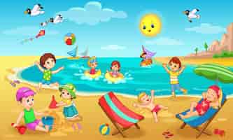 Bezpłatny wektor dzieciaki bawić się na plażowej ilustraci