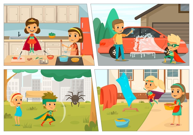 Dziecięcy superbohaterowie kreskówki kolorowy zestaw ikon dzieci w kostiumach pomagają gotować umyć samochód ratować przed przeciwnościami losu i pomóc zamieszać ilustrację prania