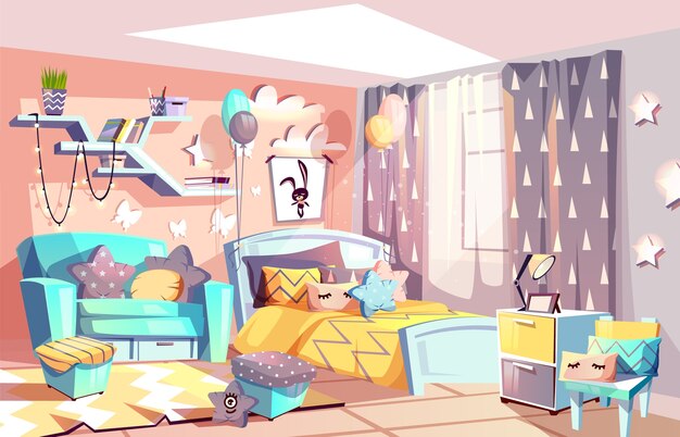 Dziecko dziewczynka pokój lub sypialnia ilustracja wnętrza nowoczesne przytulne meble w skandynawskim stylu.