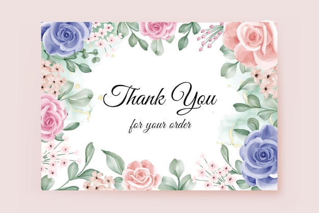 Dziękuję karta z różowym i niebieskim tłem ramki z kwiatami