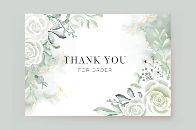 Bezpłatny wektor dziękuję szablon karty z akwarelą różanej bieli i zieleni