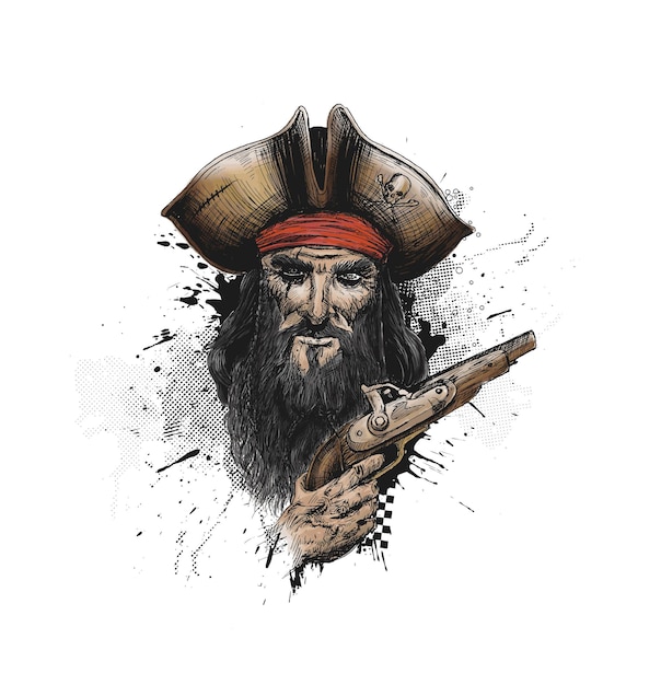 Dzielny pirat z pistoletem do nadruku na koszulce Ręcznie rysowane szkic ilustracji wektorowych