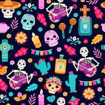Dzień martwych wzór. dekoracja kwiatowa, stylowy nadruk z okazji halloween. moda cukru czaszki, sztuka meksykańska szkielety wektor tekstury. ilustracja muertos szkielet i czaszka