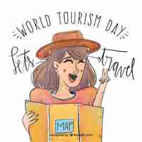 Bezpłatny wektor dzień turystyki światowej, kobieta podróżująca