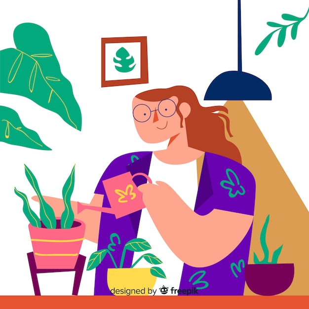 Bezpłatny wektor dziewczyna dbająca o rośliny