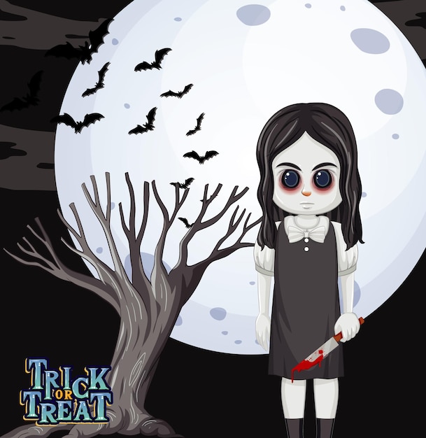 Dziewczyna-duch trzymająca nóż na tle księżyca w pełni