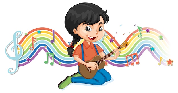 Bezpłatny wektor dziewczyna grająca na gitarze z symbolami melodii na fali tęczy