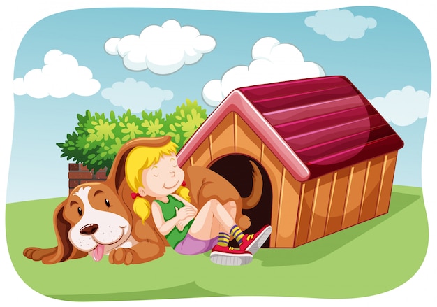 Bezpłatny wektor dziewczyna i zwierzę domowe pies w ogródzie