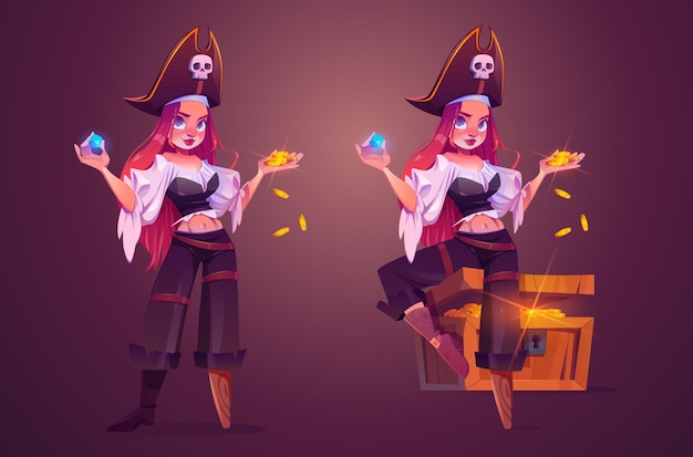 Bezpłatny wektor dziewczyna pirat ze skarbem żeński kapitan z drewnianą nogą