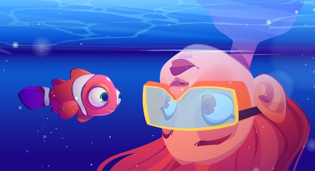 Dziewczyna płetwonurek oglądać na ryby klauna pod wodą w morzu. ilustracja kreskówka wektor tropikalnego oceanu z zabawnymi błazenkami i młodą kobietą w masce nurkuje z głową w wodzie