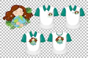 Bezpłatny wektor dziewczyna przytula logo ziemi i zestaw białej koszuli z zielonymi krótkimi rękawami na przezroczystym tle