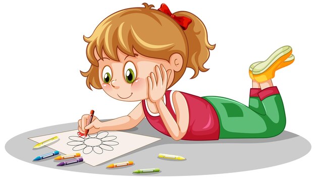Dziewczyna rysująca kwiat na białym tle