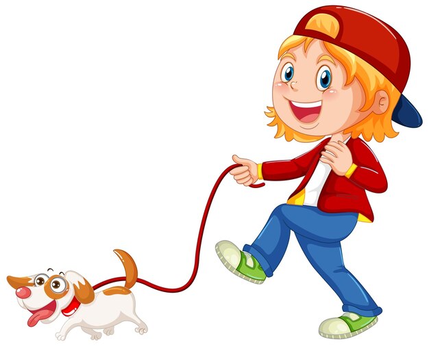 Dziewczyna spacerująca z psem na białym tle