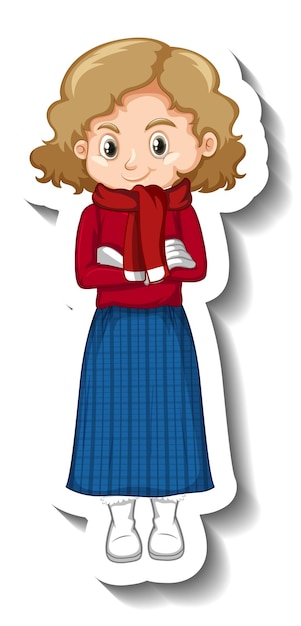 Bezpłatny wektor dziewczyna ubrana w zimowe ubrania naklejka z postacią z kreskówek
