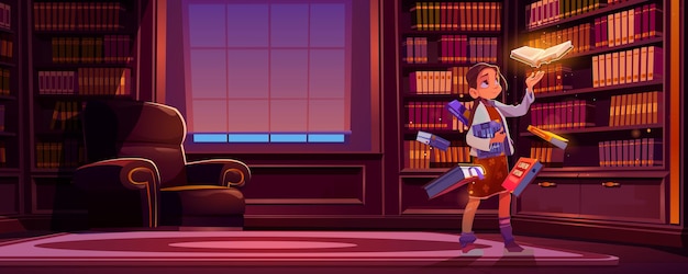 Dziewczyna z latającymi książkami z magicznym blaskiem w bibliotece