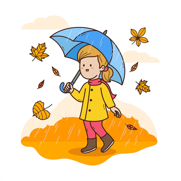 Dziewczyna Z Parasolem W Ilustracji Jesienny Deszcz | Premium Wektor