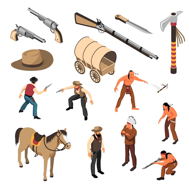 Bezpłatny wektor dziki zachód atrybuty kowbojów i rdzennych amerykanów zestaw ikon izometryczny na białym tle