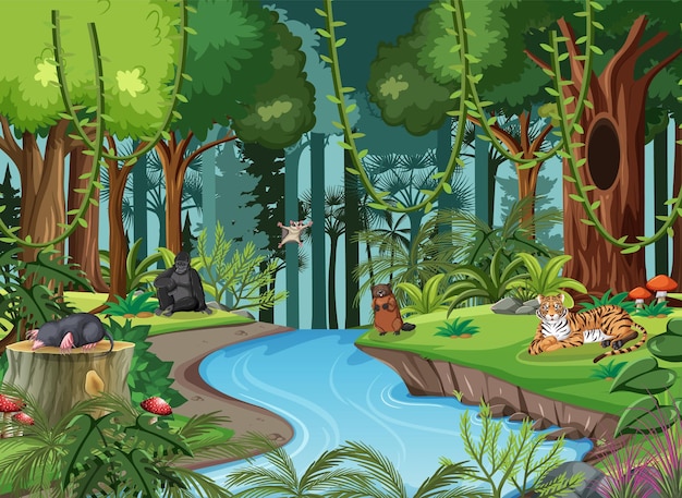 Bezpłatny wektor dzikie zwierzęta postaci z kreskówek na scenie leśnej