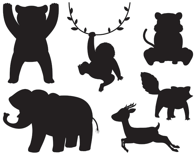 Bezpłatny wektor dzikie zwierzęta w prostej sylwetce w stylu kreskówki