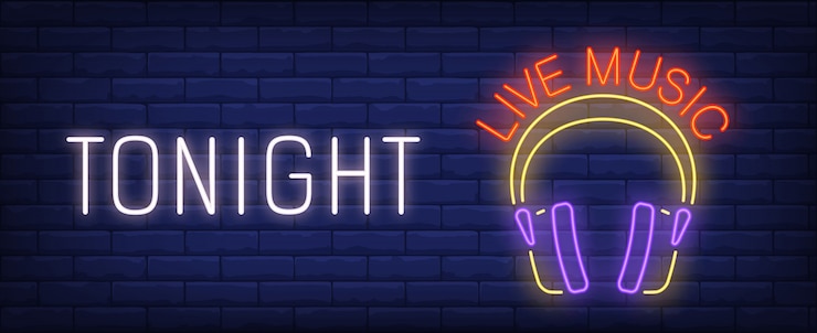 Bezpłatny plik Wektor dziś wieczorem muzyka na żywo neon znak. jaskrawi hełmofony dj na ściana z cegieł.