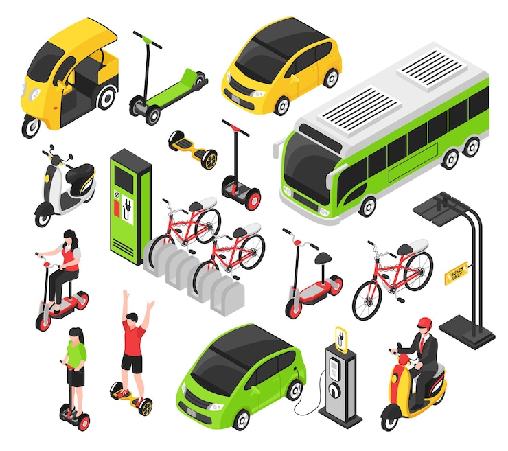 Bezpłatny plik Wektor eco transport izometryczny zestaw z skuter elektryczny samochód rower segway żyroskop na białym tle dekoracyjne ikony
