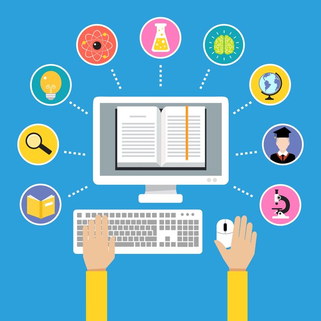 Edukacja online e-learning koncepcja nauki z ludzkiej dłoni i książkę komputerową ilustracji wektorowych