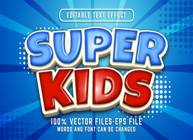 Efekt tekstowy super dzieci 3d. edytowalny efekt tekstowy z wektorami premium w stylu kreskówki