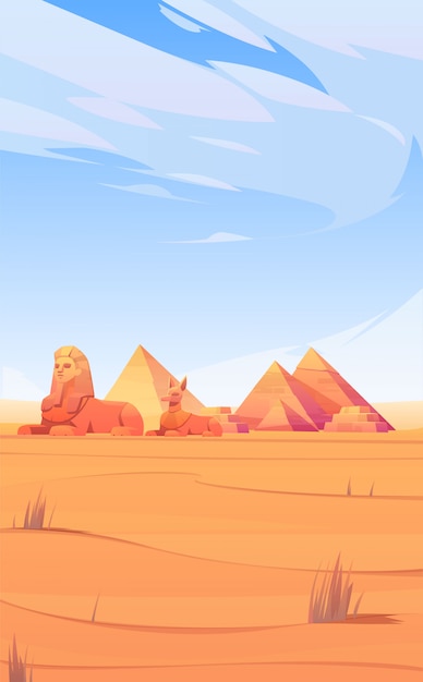 Bezpłatny wektor egipska pustynia z piramidami, sfinksem i anubisem