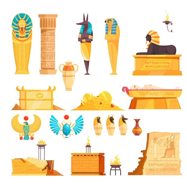 Bezpłatny wektor egipskie starożytne grobowce elementy komory grobowe towary mumie wyryte ściany złote amulety płaski zestaw ilustracji wektorowych na białym tle