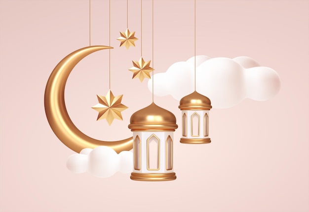 Eid mubarak 3d realistyczne symbole arabskich islamskich świąt