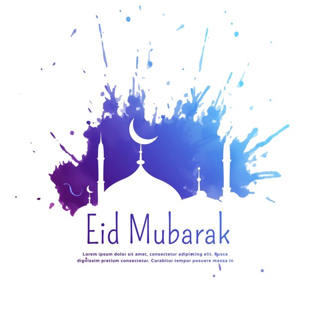 Eid mubarak powitanie z niebieskim splatter atramentu i sylwetka meczetu