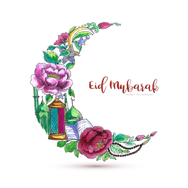 Eid mubarak z ozdobnym księżycowym tłem karty islamskiej