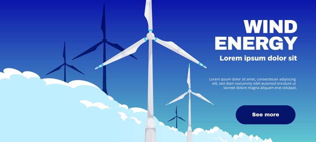 Ekologia energia wiatrowa poziomy baner strony internetowej z turbinami na niebieskim tle realistyczne ilustracji wektorowych