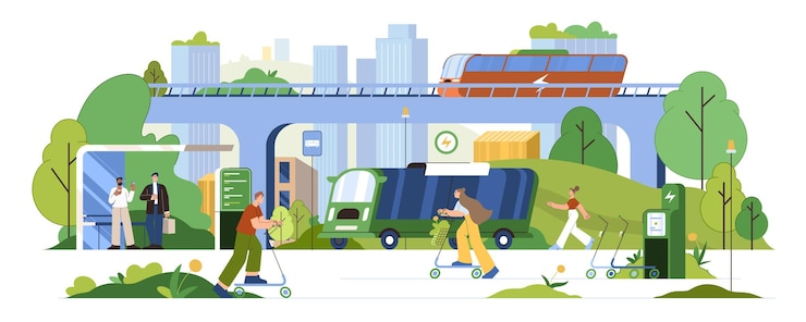 Bezpłatny plik Wektor ekologiczny transport publiczny ludzie używają autobusów elektrycznych i skuterów w nowoczesnym mieście