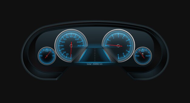 Ekran cyfrowej tablicy rozdzielczej samochodu ze świecącym niebieskim prędkościomierzem, obrotomierzem, poziomem paliwa, wskaźnikami temperatury silnika skaluje się realistycznie
