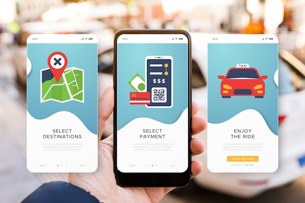 Bezpłatny wektor ekrany aplikacji do obsługi taksówek