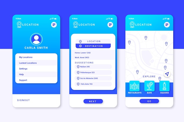 Bezpłatny wektor ekrany aplikacji lokalizacji