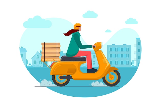 Ekspresowa dostawa pizzy miejskiej na zamówienie usługi kurierskiej kobieta na motorowerze szybka logistyczna kobieta na pomarańczowo