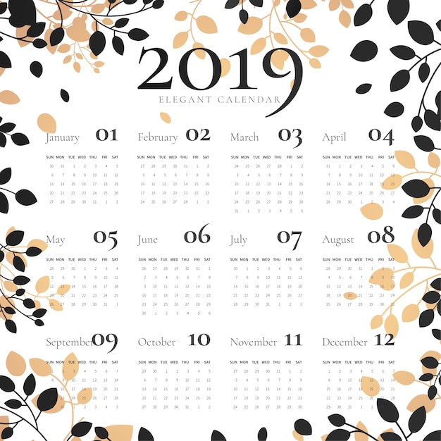 Bezpłatny wektor elegancki kalendarz 2019 z ramą w kwiaty